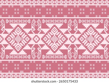 Padrão têxtil tailandês rosa elegante em estilo de arte pixel. Motivos geométricos tradicionais, perfeitos para impressões de tecidos, designs culturais ou fundos digitais.