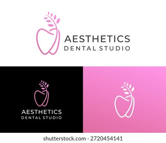 Logotipo de dente e folha cor-de-rosa elegante para marca de estúdio dentário estético