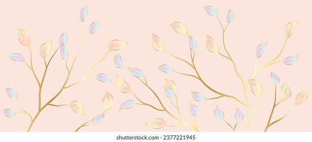 Elegant pink vector, botanical gold leaf branches background. Luxurious gold lines artistic wallpaper. Design illustration for decor, postcard, home decor, print, banner.	