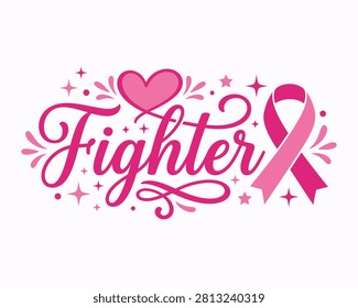 Elegant pink vector illustration featuring the word 'Fighter' with a heart and breast cancer awareness ribbon, ideal for support groups and fundraising events.