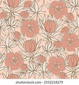 Elegant pink vector seamless floral vector background pattern with blossoms, buds and stems. Repeat with delicate petals line art flowers. Botanical backdrop with garden and wildflowers for print