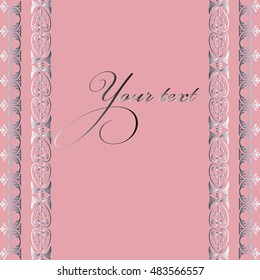 Elegant pink vector seamless pattern background invitation card with silver decorative vertical ornaments for wedding, marriage, birthday, Valentine's day. Place for your text. Endless stylish texture