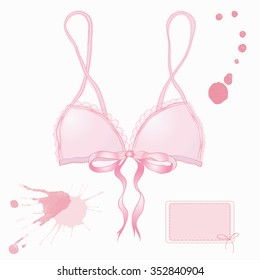 Elegant pink vector woman's bra. Watercolor splashes splatters. Pink frame icon with bow knot. Hand drawn illustration