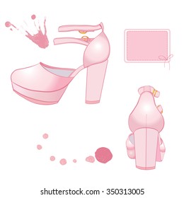 Elegant pink vector woman's  shoes on a high platform with shoe latchet. Hand drawn. Watercolor splashes splatters. Pink frame icon with bow knot