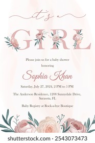 Elegant pink watercolor baby girl shower invitation, "It's a girl" theme, with soft pastel tones and charming design, perfect for a memorable celebration.