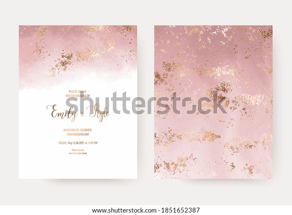 Elegant pink watercolor wedding invitation cards\
with gold splatter\
texture.