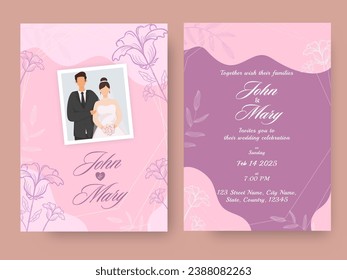 Elegant Pink Wedding Invitation Card With Couple Image In Front And Back View.
