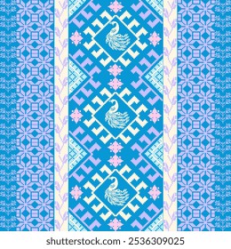 Elegant Pixel Art Peacock and Geometric Diamond Pattern – Blue and Pastel Pink Ethnic Folk-Inspired Design for Digital Textiles, Home Decor, Fashion Accessories, and Craft Projects.