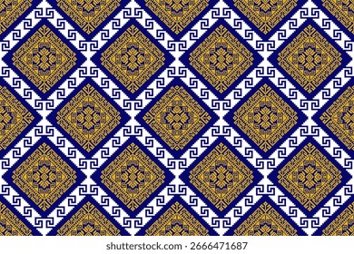 Elegant pixel art seamless pattern inspired by Thai traditional Praewa textile, geometric diamond design suitable for fabric, wallpaper, and cultural digital art.