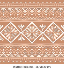 Elegant pixel pattern with floral diamond motifs and symmetrical folk embroidery in warm brown tones, inspired by Thai traditional weaving.