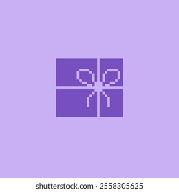 a elegant pixelated purple gift box with a white ribbon. Perfect for adding a touch of elegance and whimsy to any design. Ideal for use in video games, websites, and apps.