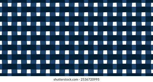 Elegant plaid pattern colorful checkered blue white background. Uneven crisscross line shapes texture design. Modern decoration textile fabric swatch, ladies dress, men's shirt all over print block.