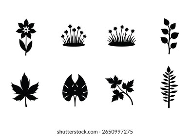 Elegant Plant and Leaf Shape Silhouettes for Natural Art Projects, Botanical Silhouette Vector Set for Decor and Print Templates