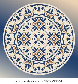 Elegant plate with an interesting geometric pattern. Vector pattern in white, blue and orange.