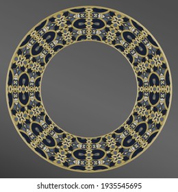 Elegant plate with an interesting geometric pattern in gold blue . Home decor, porcelain design. Frame.