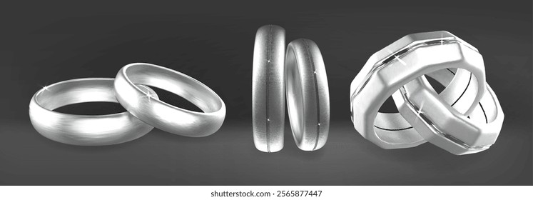 Elegant platinum or white gold wedding bands in diverse designs. Traditional rounded pairs, modern lined patterns and intricate geometric shapes. Brushed silver rings with brilliant highlights.