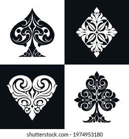 Elegant playing card suits symbols collection in vintage monochrome style isolated vector illustration