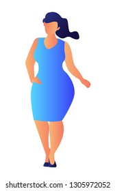 Elegant plus size model wearing dress posing vector illustration. Fashion and beauty, attractive plus size woman, overweight woman and glamour shopping concept. Isolated on white background.