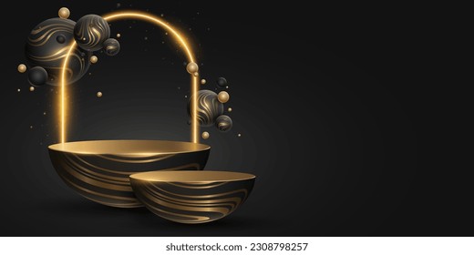 Elegant podium with dynamic 3d spheres textured with golden striped pattern. Glowing sparkling neon arc with magical dust. Pedestal with luxury bubbles to display your products. Vector.