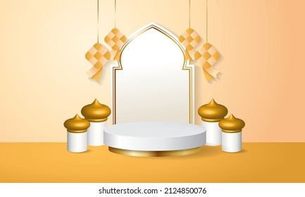 Elegant podium stage display for Eid Mubarak Islamic holiday. Realistic vector design