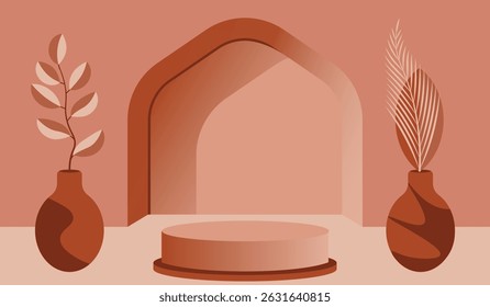 Elegant podium vector image design with tropical plants,  highlight product  sale social media ads, posters, banner presentation background