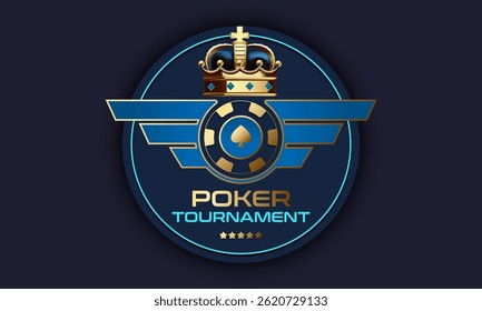 Elegant poker tournament logo with golden crown, flying wings and casino chip on dark blue background. Luxurious design for online gambling, betting, championship or VIP gaming event
