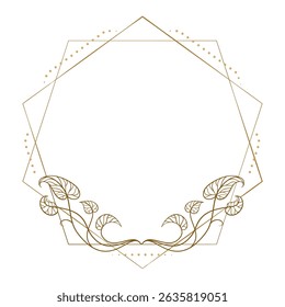 Elegant polygonal frame with decorative ivy vines. Gold line vector illustration for branding, packaging, or wedding decor.
