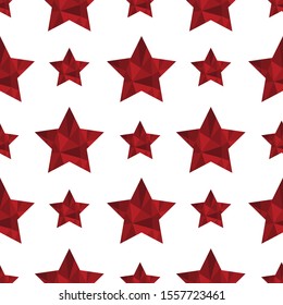 Elegant polygonal seamless pattern with red stars. Modern stylish vector ornament for cards, invitations, banner, scrapbook, wrapping paper, packets, diapers, pajamas