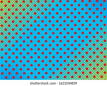 Elegant pop art dotted background with red dots blue and yellow halftone effects. Vector illustration