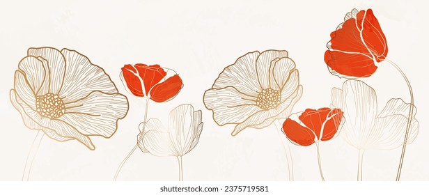 Elegant poppies on a white background with a watercolor texture in a gold frame, hand-drawn. Luxury vector background for decoration, print, banner, card, vip.	
