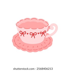 Elegant porcelain teacup. Coquette cup on saucer decorated with cute bows and hearts. Trendy classic teacup. Colored flat vector illustration isolated on white background