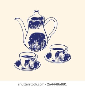 Elegant porcelain teapot illustration with delicate vintage detailing, perfect for tea-themed designs, cottagecore aesthetics, kitchen decor, and timeless editorial projects.