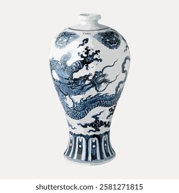 Elegant porcelain vase with intricate blue dragon design. Traditional Chinese art on a white vase. Decorative vase perfect for home decor or collection. Vintage home decor illustration vector.