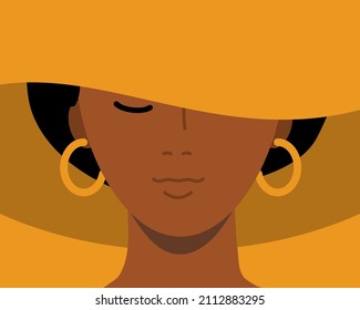 Elegant portrait of african American woman in a posh hat with wide brims. Vector illustration in a vector style