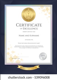 Elegant portrait certificate template for excellence, achievement, appreciation or completion on blue border background