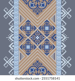 Elegante padrão de azulejo português com design geométrico e ornamental azul e bege com motivos de borda chave grega