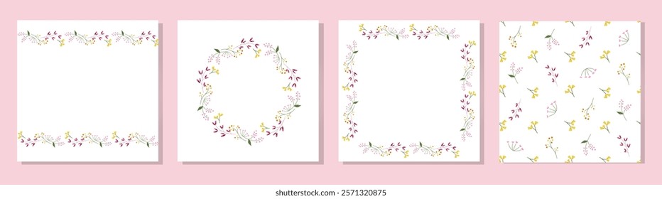 Elegant postcard templates with floral blooming flowers. A set of celebration cards, or labels, and seamless pattern. For birthday, anniversary, celebration concept, congratulations, invitations
