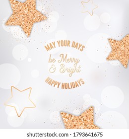 Elegant Postcard with Typography, Gold Stars and Glitter on White Blurred Background. Happy Holidays Greeting Card for Christmas and New Year Celebration. Greetings, Invitation. Vector Illustration