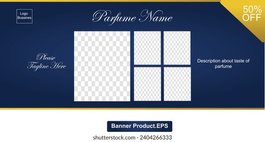 Elegant poster and banner for business parfum with colour navy colour and line strip gold colour.