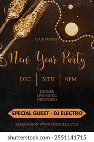 Elegant poster concept for new year eve invitation template with glitter and glasses. New year party invitation, banner, flyer, holidays banner. Design vector illustration.Poster design.Happy new year