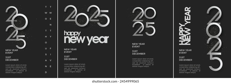 Elegant poster design for happy new year 2025. With a combination of clean silver and black colors. Premium vector background happy new year 2025.