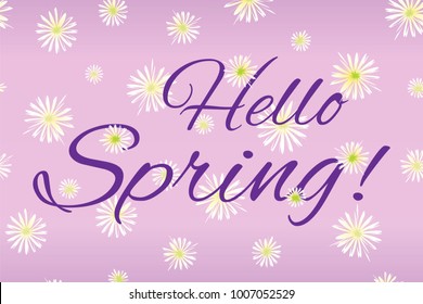 Elegant poster with lettering Hello Spring on fashion violet background with trendy little white flowers. Vector illustration.