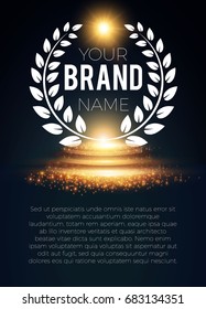 Elegant Poster Template. Win! Gold Scene with Spotlights, Glitter and Place for Your Brand Name with Laurel Wreath. Vector illustration