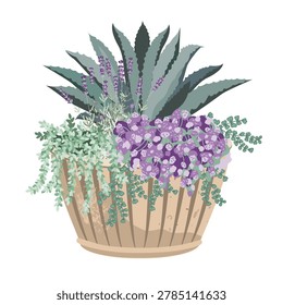 Elegant potted flowers composition with lavender flowers, blue agave plant, alyssum, and grass. Floral arrangement in a big ceramic planter