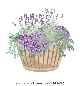 Elegant potted flowers composition with lavender flowers, alyssum, and grass. Floral arrangement in a big ceramic planter