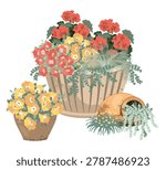 Elegant potted flowers composition with petunia flowers, marigolds, geranium, succulents, and grass. Floral arrangement in ceramic planters. Vector illustration.