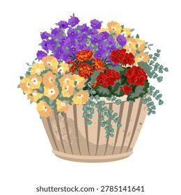 Elegant potted flowers composition with petunia flowers, marigolds, geranium, and grass. Floral arrangement in a big ceramic planter
