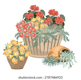 Elegant potted flowers composition with petunia flowers, marigolds, geranium, succulents, and grass. Floral arrangement in ceramic planters. Vector illustration.