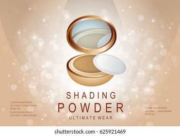 Elegant powder isolated on sparkly and shiny background.Compact foundation advert for web,poster,placard,flyer and leaflet template.Useful for marketing on social network and banner