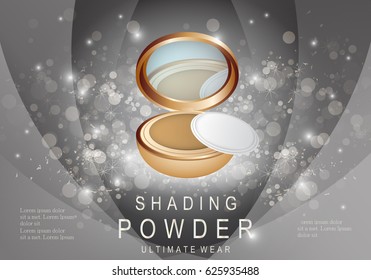 Elegant powder isolated on sparkly and shiny background.Compact foundation advert for web,poster,placard,flyer and leaflet template.Useful for marketing on social network and banner